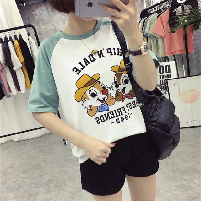 2017 Fashion Summer Sleeve T-shirts Plus Size Female cute T shirts Cartoon Letter Print Top O-neck Women t shirt 72396
