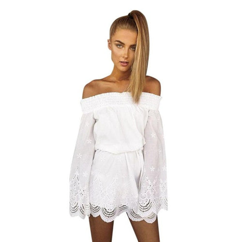 2017 Fashion Summer Women Off Shoulder Hollow Out White Ladies Dress Beach Long Sleeve Slash Neck Lace Mini Dresses #63