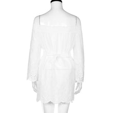 2017 Fashion Summer Women Off Shoulder Hollow Out White Ladies Dress Beach Long Sleeve Slash Neck Lace Mini Dresses #63