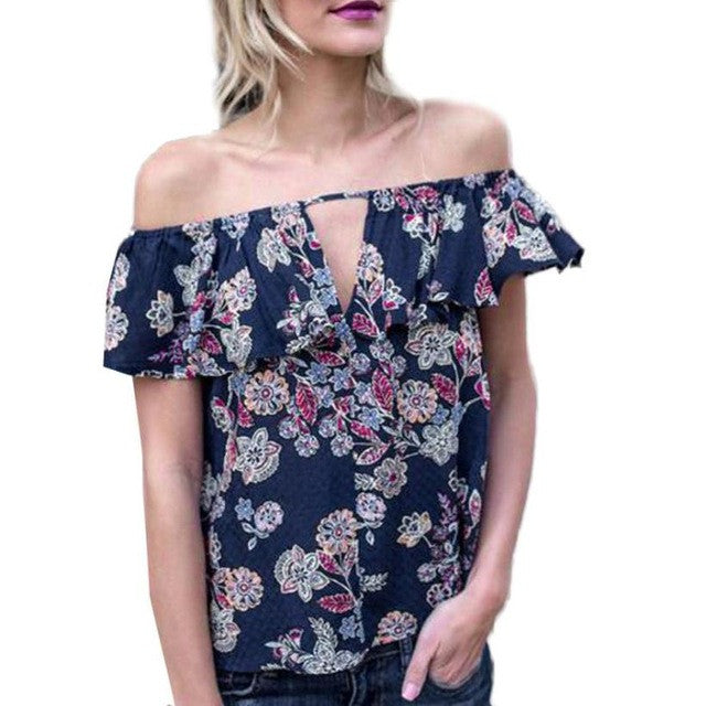 2017 Fashion T-Shirt Women Off Shoulder Floral Printed Ruffled Neck Summer Casual Tops Tees Women T Shirt camisetas mujer #417