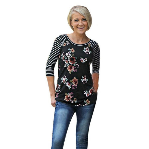 2017 Fashion T-shirt Women Floral Print Splice O Neck Casual Tee Tops T Shirt Female ropa mujer Camisetas Femininas #1205