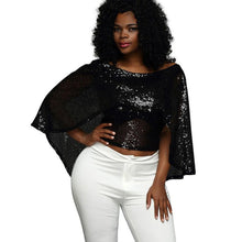 2017 Fashion Women Blouses Sexy Fashion Sleeveless Shawl Black Sequined Casual Batwing Sleeve O-Neck Short Tops ropa mujer #43