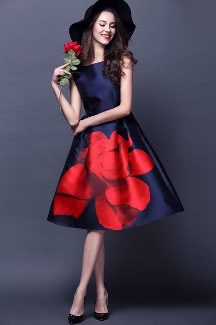 2017 Fashion Women European Style Dress Cute Floral Print Sleeveless Ladies Dresses O-Neck Female Vestidos 72548