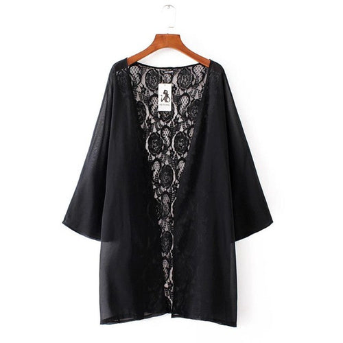 2017 Fashion Womens Summer Lace Kimono Cardigan Shawl Chiffon Solid Womens Blouses Ladies Tops 3/4 Sleeve Cover Ups Black #43