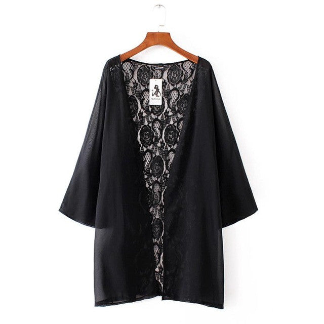 2017 Fashion Womens Summer Lace Kimono Cardigan Shawl Chiffon Solid Womens Blouses Ladies Tops 3/4 Sleeve Cover Ups Black #43
