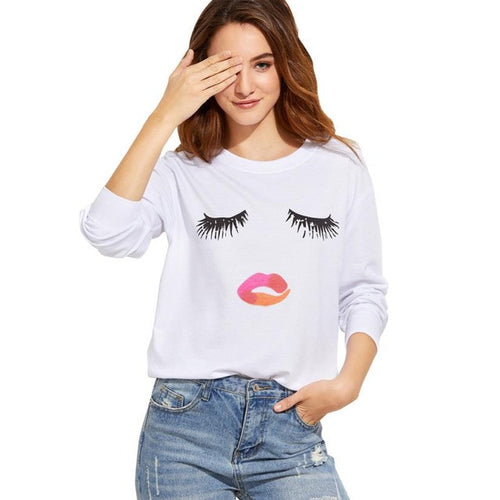 2017 Fashion Womens T shrits Eyelash Printing O Neck White Casaul Loose Tee Tops Female Long Sleeve T Shirt Ropa Mujer #1206