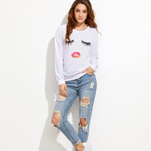 2017 Fashion Womens T shrits Eyelash Printing O Neck White Casaul Loose Tee Tops Female Long Sleeve T Shirt Ropa Mujer #1206