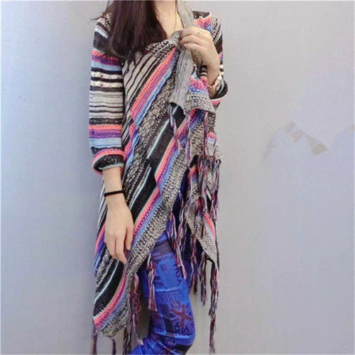 2017 Female Fashion Cardigans Full Sleeve Sweater Plus Size knitted Open Stitch O-neck Print Tassel Outwear 72063