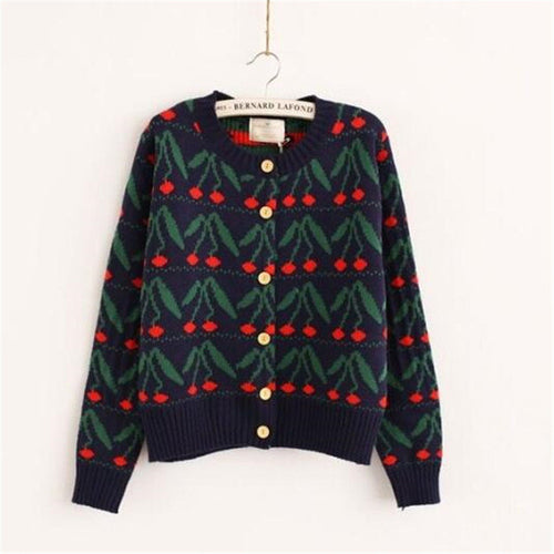 2017 Female Fashion Thick Cardigans Full Sleeve Sweater Plus Size knitted O-neck Cherry Print Outwear 72062