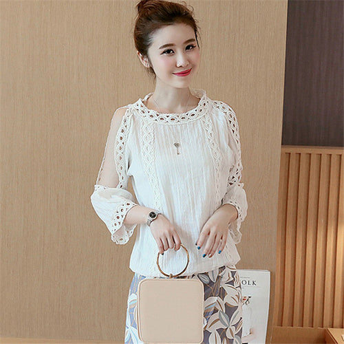 2017 Female Fashion White Blouses O-neck Shirt Ladies Tops Half Sleeve Off Shoulder Hollow Out Blouse Women Plus Size 71700