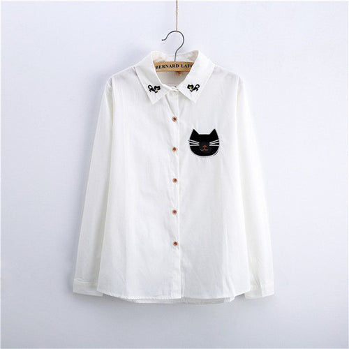 2017 Female Fashion White Blouses Turn-down Collar Casual Shirt Ladies Tops Cat Embroidery Blouse Women Plus Size 71698