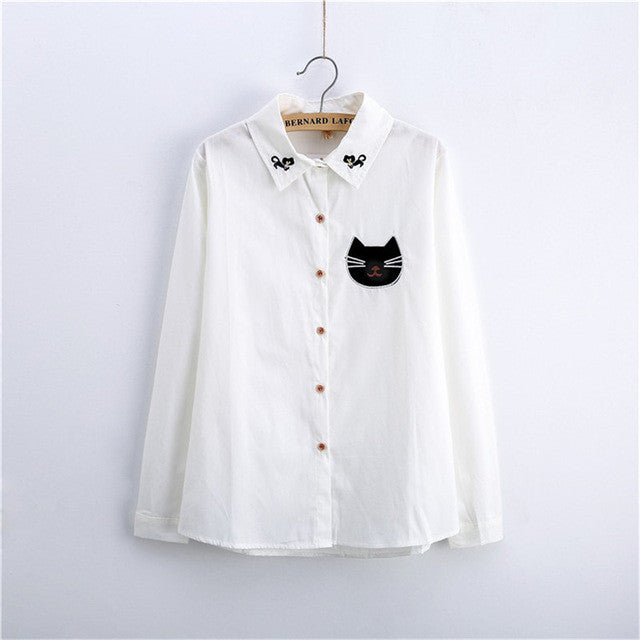 2017 Female Fashion White Blouses Turn-down Collar Casual Shirt Ladies Tops Cat Embroidery Blouse Women Plus Size 71698