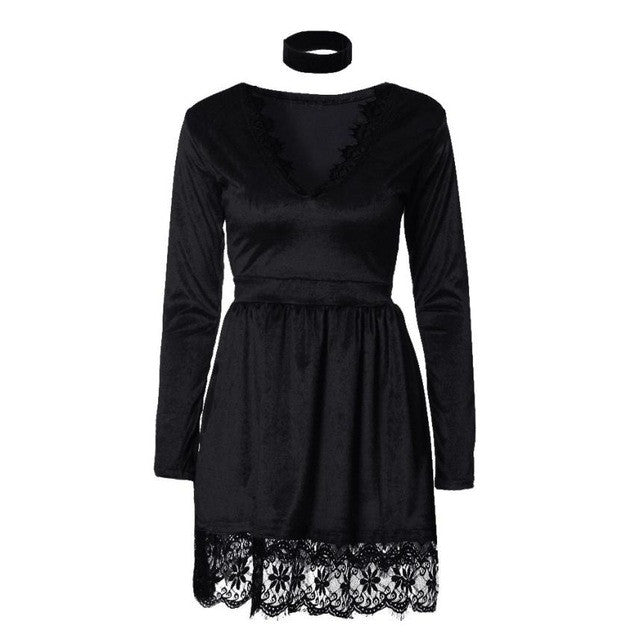 2017 Hot Sale Party Dresses Womens Sexy Lace V Neck Long Sleeve Shiny Velvet Dress Ladies Autumn Winter vestido de festa &02