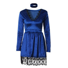 2017 Hot Sale Party Dresses Womens Sexy Lace V Neck Long Sleeve Shiny Velvet Dress Ladies Autumn Winter vestido de festa &02