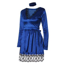 2017 Hot Sale Party Dresses Womens Sexy Lace V Neck Long Sleeve Shiny Velvet Dress Ladies Autumn Winter vestido de festa &02