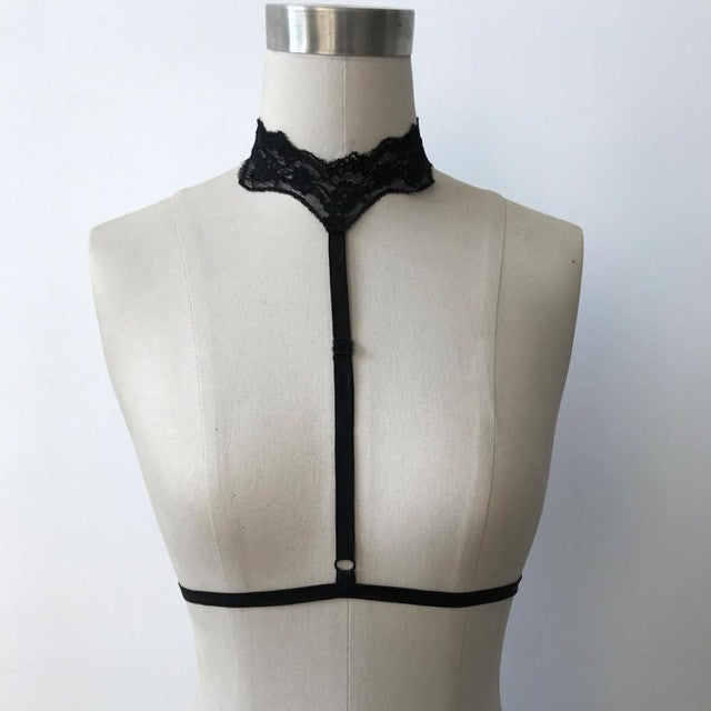 2017 Hot Sexy Womens Goth sexy Strapy Bra Garter Belt Erotic Chest Lace Body Bridal Bandage Lingerie Crop Top Black White #23