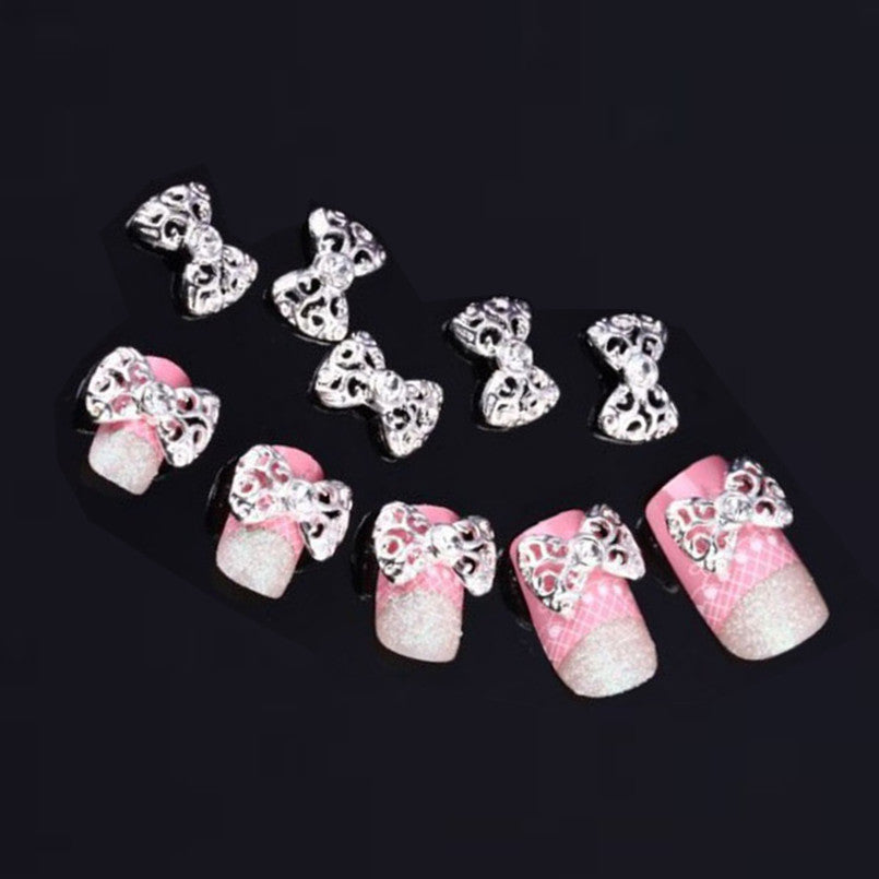 2017 Hot sale women 10pcs Silver 3D Rhinestones Nail sticker Bow Tie Nail Art Glitter Slices DIY Nail art decorations Maquiagem