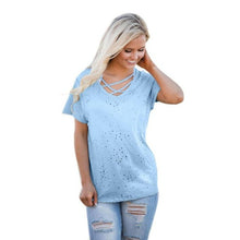 2017 Latest Fashion Women T-Shirts Solid White Blue T shirt New Desgin Hole Tops Lady Short Sleeve Tees Tops #425