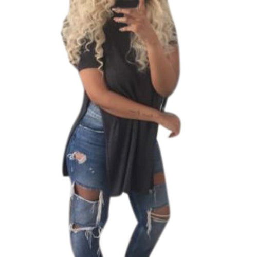 2017 Long Style T shirt Women Fashion Causal Loose Split Solid Woment Tops Summer 2017 Ladies Girls T-shirt Camisas Femininas YE