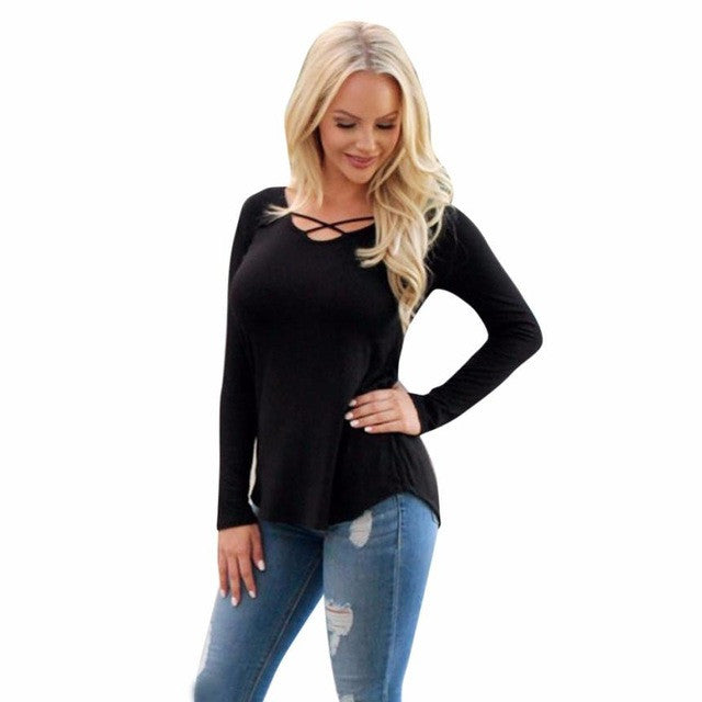2017 New Arrival Women Casual Basic T-Shirt Long Sleeve Crossing O Neck Women Tops Solid Tee Shirt Camisetas Feminina #1207