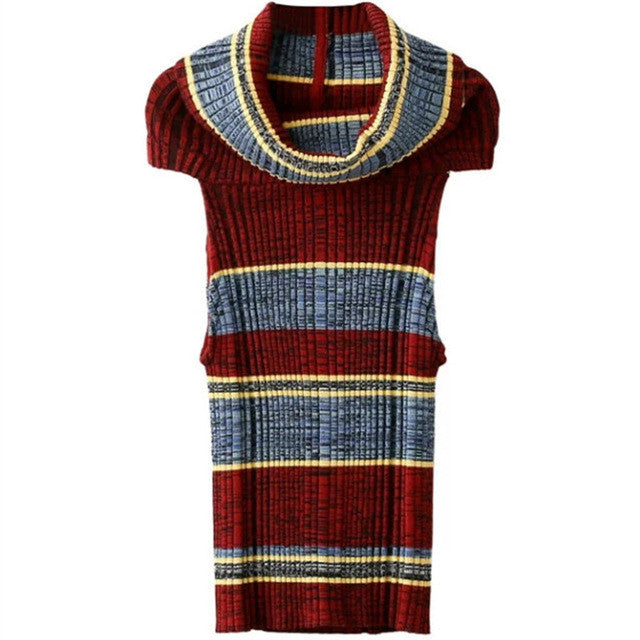2017 New Autumn Winter Female Sweater Plus Size Knitted Sleeveless Turtle-neck Pullovers Striped Outwear 72084