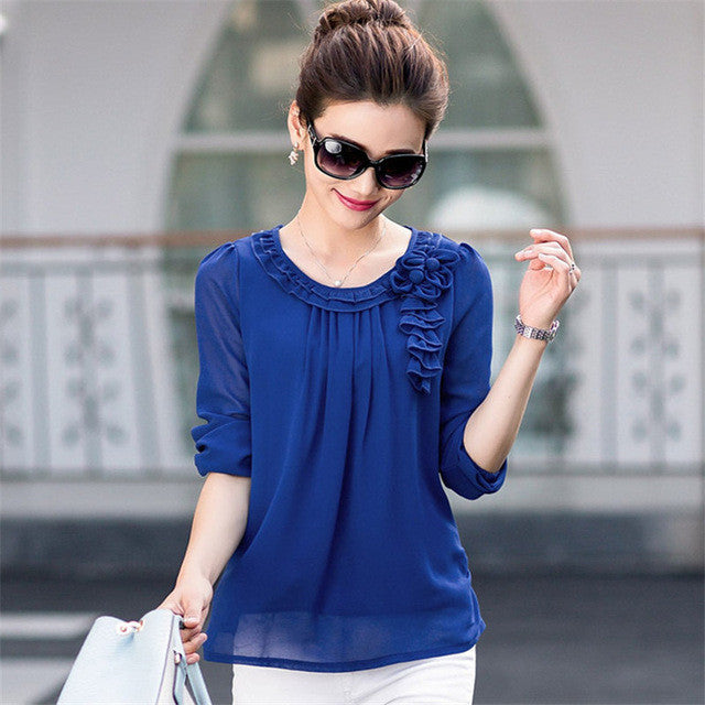 2017 New Blusas Femininas Spring Casual Women Ruffles Blouses Long Sleeve Elegant Women Tops OL Shirts with flower 72377