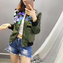 2017 New Fashion Autumn Sequins Outwear Full Sleeve Stand Coat Floral Print Jacket With Zipper Plus Size Flying Jacket 71942