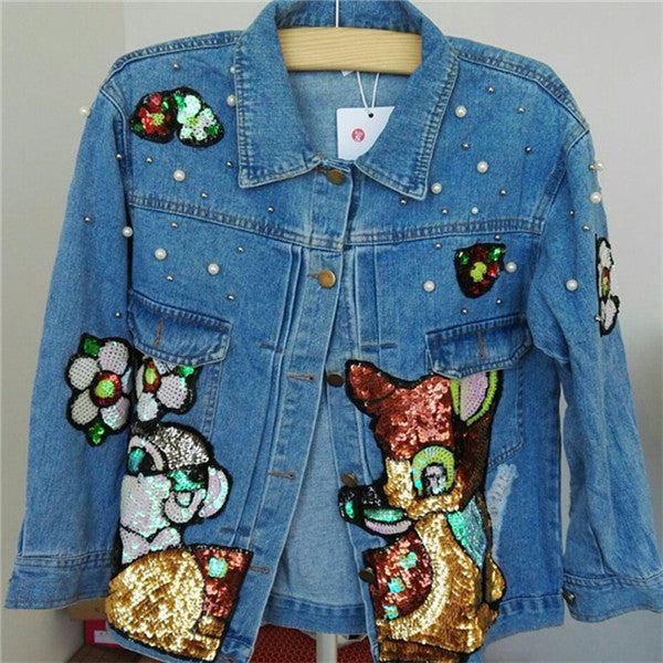 2017 New Fashion Autumn Sequins Outwear Full Sleeve Turn-down Collar Coat Carton Print Jacket Plus Size Denim Jacket 71943