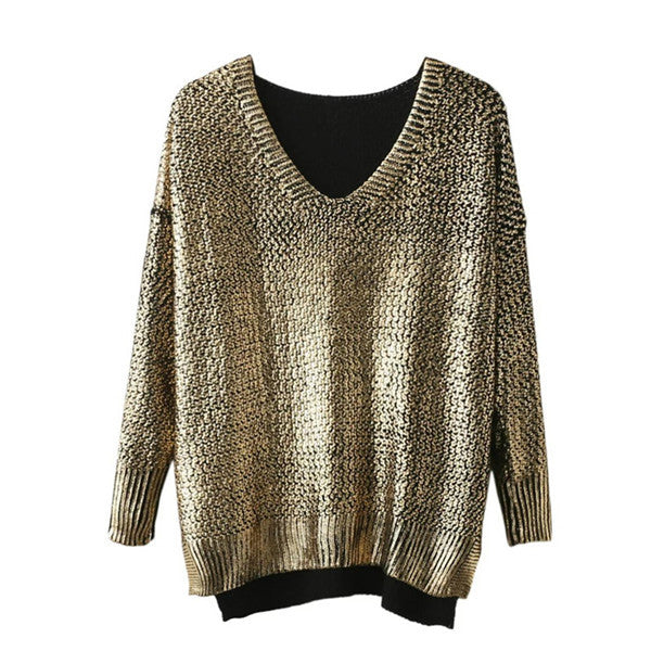 2017 New Fashion Female Bling Pullovers Knitted Long Sleeve V-neck Winter Autumn Sequin Sweaters Hot Sale 71987