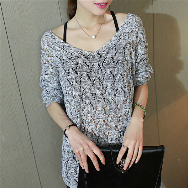 2017 New Fashion Female Pullovers Knitted Long Batwing Sleeve O-neck Winter Autumn Hollow Out Thin Sweaters Hot Sale 72145