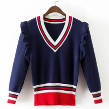 2017 New Fashion Female Pullovers Knitted Long Puff Sleeve V-neck Winter Ruffles Patchwork Sweaters Hot Sale 71977