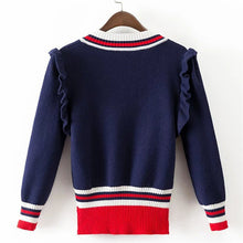 2017 New Fashion Female Pullovers Knitted Long Puff Sleeve V-neck Winter Ruffles Patchwork Sweaters Hot Sale 71977
