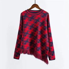 2017 New Fashion Female Pullovers Knitted Long Sleeve O-neck Plaid Winter Tassel Irregular Sweaters 72048