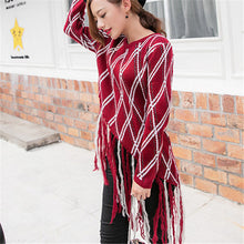 2017 New Fashion Female Pullovers Knitted Long Sleeve O-neck Plaid Winter Tassel Irregular Sweaters 72048