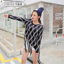 2017 New Fashion Female Pullovers Knitted Long Sleeve O-neck Plaid Winter Tassel Irregular Sweaters 72048