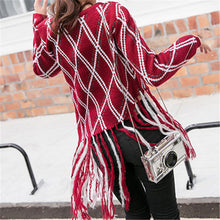 2017 New Fashion Female Pullovers Knitted Long Sleeve O-neck Plaid Winter Tassel Irregular Sweaters 72048