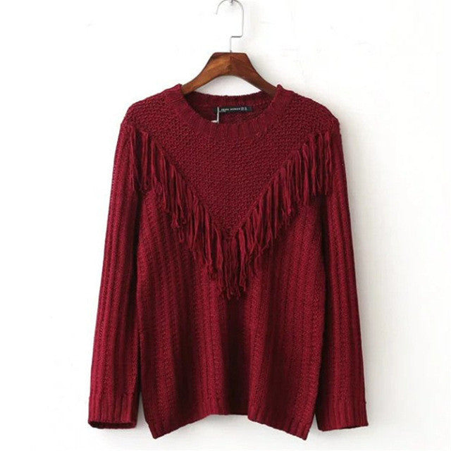 2017 New Fashion Female Pullovers Knitted Long Sleeve O-neck Winter Autumn Patchwork Tassel Sweaters Hot Sale 71972