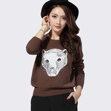 2017 New Fashion Female Pullovers Knitted Long Sleeve O-neck Winter Autumn Tiger head Embroidery Sweaters Hot Sale 72041