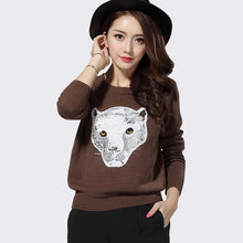 2017 New Fashion Female Pullovers Knitted Long Sleeve O-neck Winter Autumn Tiger head Embroidery Sweaters Hot Sale 72041