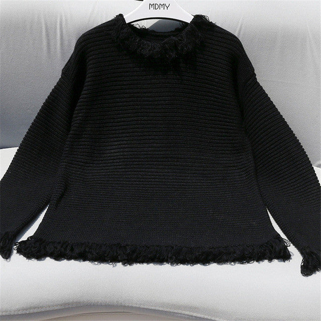 2017 New Fashion Female Pullovers Knitted Long Sleeve O-neck Winter Tassel Irregular Sweaters 72051