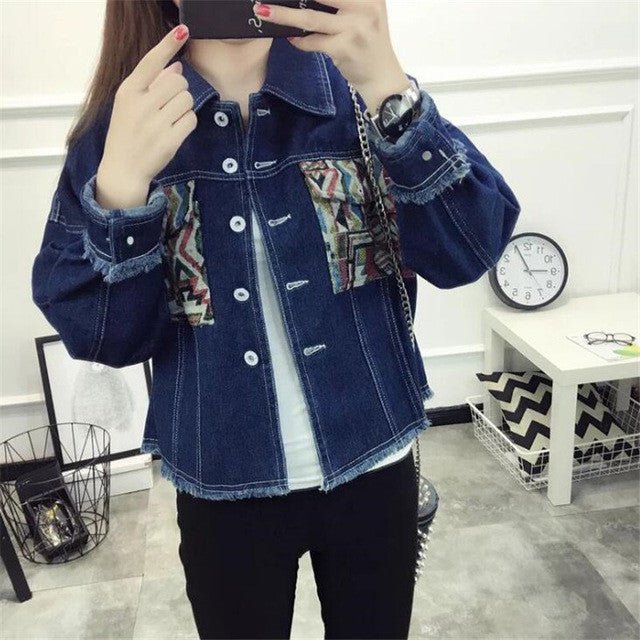 2017 New Fashion Outwear Full Sleeve Turn-down Collar Coat Single Breasted Denim Jacket With Button Embroidery Streetwear 72023
