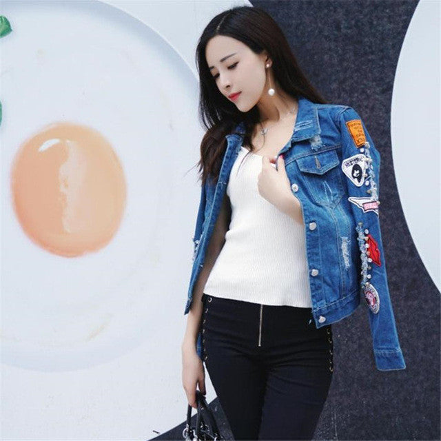 2017 New Fashion Outwear Full Sleeve Turn-down Collar Coat Single Breasted Denim Jacket With Button Embroidery Streetwear 72028