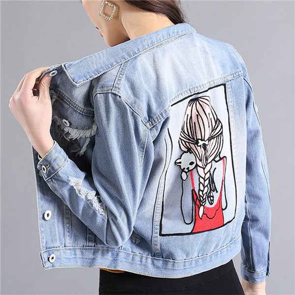 2017 New Fashion Outwear Full Sleeve Turn-down Collar Coat Single Breasted Jacket WithButton Denium Print Streetwear 72243