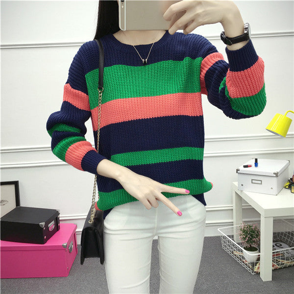 2017 New O-Neck Autumn Women Patchwork Sweater Long Sleeve Striped Pullovers Knitting Fashion Outwear 72004