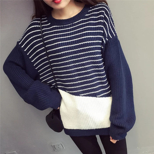 2017 New O-Neck Autumn Women Sweater Long Lantern Sleeve Pullovers Knitting Fashion Striped Outwear 72085