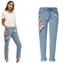 2017 New Plus Size Jeans Women Pants Denim Loose Female Straight Pants Full Length Floral Print Trousers 72182