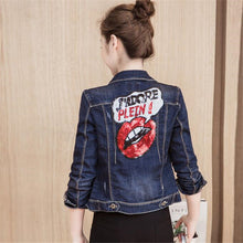 2017 New Short Outwear Full Sleeve Turn-down Collar Coat Denim Lip Letter Bling Jacket Button Embroidery Streetwear 72030