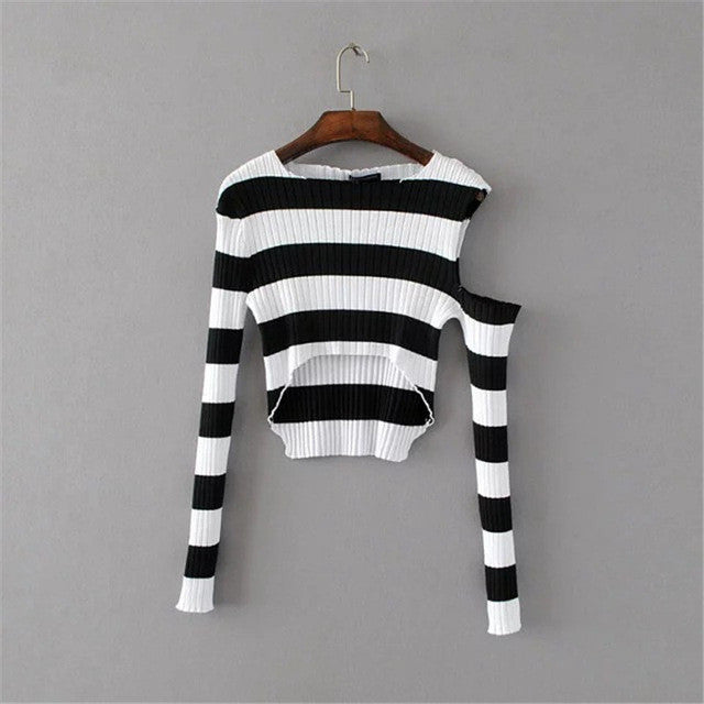 2017 New Spring Pullover Women Fashion Hollow Out Striped Slim Sweater Full Sleeve O-neck Short Knitting Woman Sexy Sweaters