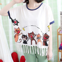 2017 New T-shirts Plus Size Female Batwing Sleeve t shirts Cute Six Cat Print Patchwork Tassel Tops O-neck Women tshirts 72541