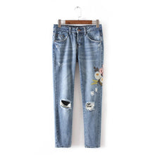 2017 New Women Embroidery Print Pants Denim Loose Hole Female Pencil Pants Plus Large Size Jeans Full Length Trousers 72155